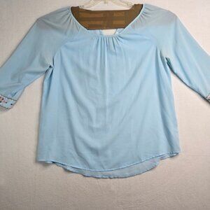 Mine Too Light Blue Embroidered Sleeve Keyhole Neck Blouse Top Plus